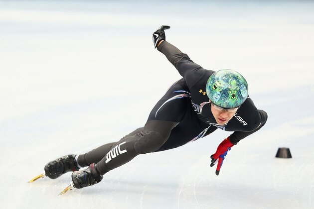 SOCHI, RUSSIA - JANUARY 31:  Short track skater J.R. Celski of the United States practices prior to the Sochi 2014 Winter Olympics at the Iceberg Skating Palace on January 31, 2014 in Sochi, Russia.  (Photo by Clive Mason/Getty Images)