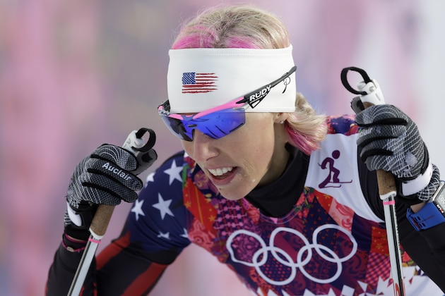 United States' Kikkan Randall catches her breath after her women's quarterfinal heat of the cross-country sprint at the 2014 Winter Olympics, Tuesday, Feb. 11, 2014, in Krasnaya Polyana, Russia. (AP Photo/Matthias Schrader)