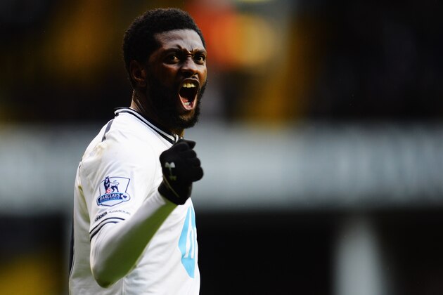 LONDON, ENGLAND - FEBRUARY 09:  Emmanuel Adebayor of Tottenham Hotspur celebrates scoring during the Barclays Premier League match between Tottenham Hotspur and Everton at White Hart Lane on February 9, 2014 in London, England.  (Photo by Shaun Botterill/Getty Images)