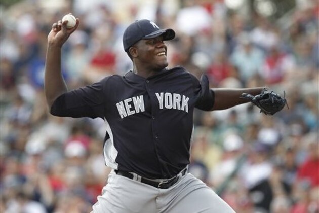 New York Yankees starting pitcher Michael Pineda throws against the New York Yankees in the first inning of a spring training baseball game in Kissimmee, Fla., Saturday, March 10, 2012. (AP Photo/Paul Sancya)