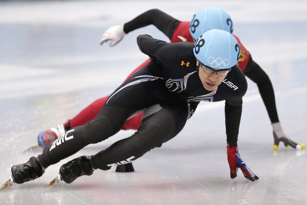 J.R. Celski of the United States competes in a men's 1500m short track speedskating semifinal at the Iceberg Skating Palace during the 2014 Winter Olympics, Monday, Feb. 10, 2014, in Sochi, Russia. (AP Photo/Bernat Armangue)