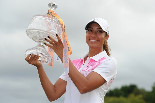 GOLD COAST, AUSTRALIA - FEBRUARY 09:  Cheyenne Woods of the United States holds the winners trophy after day four of the 2014 Ladies Masters at Royal Pines Resort on February 9, 2014 on the Gold Coast, Australia.  (Photo by Matt Roberts/Getty Images)
