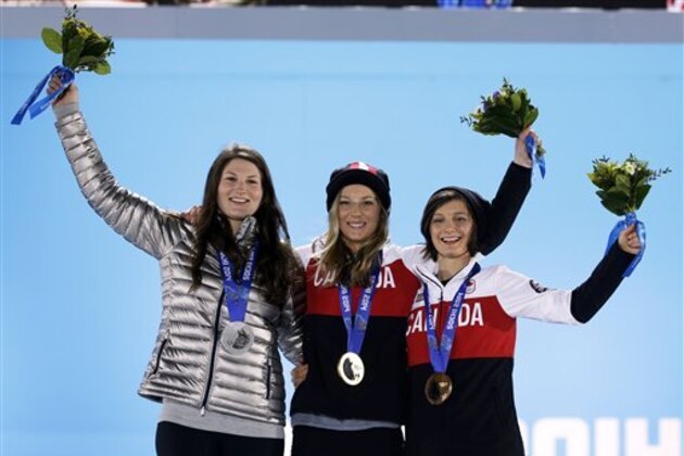 Women's freestyle skiing slopestyle medalists, from left, Devin Logan of the United States, silver, Canada's Dara Howell, gold, and Canada's Kim Lamarre, bronze, pose with their medals at the 2014 Winter Olympics in Sochi, Russia, Tuesday, Feb. 11, 2014. (AP Photo/Morry Gash)