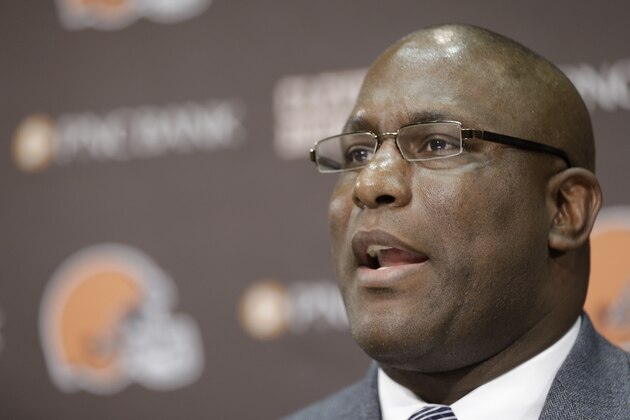 Cleveland Browns general manager Ray Farmer answers questions during a news conference Tuesday, Feb. 11, 2014, in Berea, Ohio. Farmer, who was pursued by Miami to be the Dolphins' GM this winter, has been promoted and will immediately take the over the team's football operations and lead the Browns during free agency and draft. Cleveland has two first-round picks in May's draft and is well under the salary cap to spend on free agents. (AP Photo/Tony Dejak)