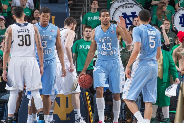 Feb 8, 2014; South Bend, IN, USA; North Carolina Tar Heels forward James Michael McAdoo (43) celebrates after a foul call in the second half against the Notre Dame Fighting Irish at the Purcell Pavilion. North Carolina won 73-62. Mandatory Credit: Matt Cashore-USA TODAY Sports