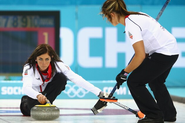SOCHI, RUSSIA - FEBRUARY 10:  Eve Muirhead of Great Britain in action during the round robin match against Sweden during day 3 of the Sochi 2014 Winter Olympics at Ice Cube Curling Center on February 10, 2014 in Sochi, Russia.  (Photo by Clive Mason/Getty Images)