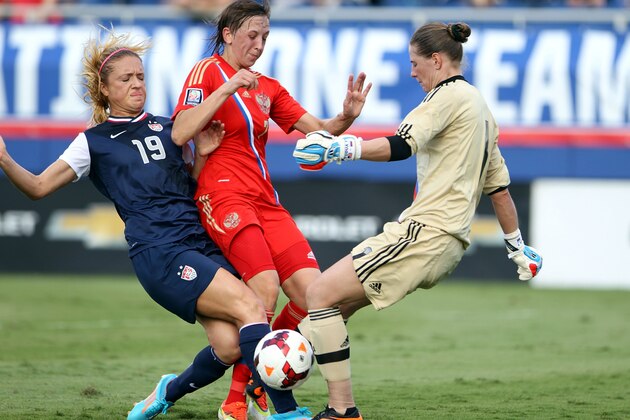 BOCA RATON, FL - FEBRUARY 08: Goalkeeper Elvira Todua #1 and Ekaterina Dmitrenko #7 of Russia  prevent a goal by Kristie Mewes #19 of the United States at FAU Stadium on February 8, 2014 in Boca Raton, Florida.  (Photo by Marc Serota/Getty Images)