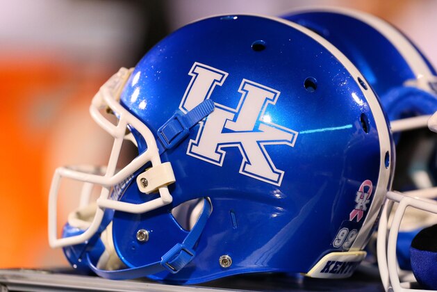 Oct 24, 2013; Starkville, MS, USA; Kentucky Wildcats helmet during the game against the Mississippi State Bulldogs at Davis Wade Stadium. Mississippi State Bulldogs win the game against Kentucky Wildcats 28-22.  Mandatory Credit: Spruce Derden-USA TODAY Sports