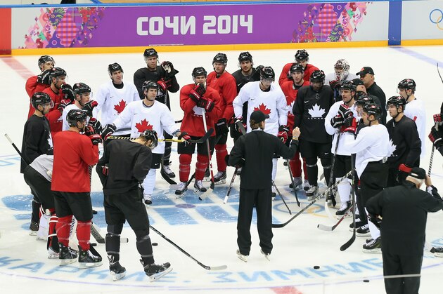 SOCHI, RUSSIA - FEBRUARY 10: Head coach Mike Babcock conducts Team Canada practice on day three of the Sochi 2014 Winter Olympics at Bolshoy Arena on February 10, 2014 in Sochi, Russia.  (Photo by Bruce Bennett/Getty Images)