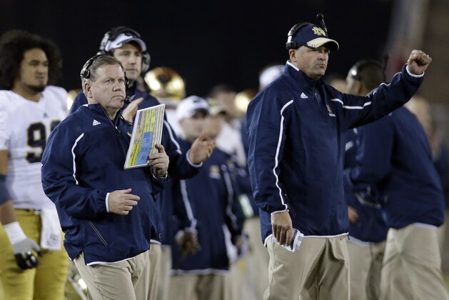 Notre Dame head coach Brian Kelly during the second half of an NCAA college football game against Stanford on Saturday, Nov. 30, 2013, in Stanford, Calif. Stanford won 27-20. (AP Photo/Marcio Jose Sanchez)