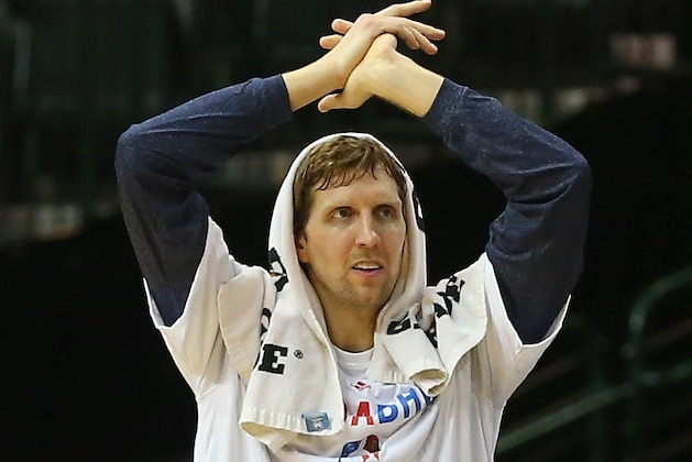 DALLAS, TX - FEBRUARY 07:  Dirk Nowitzki #41 of the Dallas Mavericks at American Airlines Center on February 7, 2014 in Dallas, Texas.  NOTE TO USER: User expressly acknowledges and agrees that, by downloading and or using this photograph, User is consenting to the terms and conditions of the Getty Images License Agreement.  (Photo by Ronald Martinez/Getty Images)