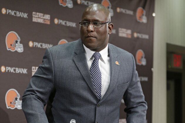 Cleveland Browns general manager Ray Farmer leaves a news-conference Tuesday, Feb. 11, 2014, in Berea, Ohio. Browns owner Jimmy Haslam announced Tuesday that CEO Joe Banner will step down in the next two months and general manager Michael Lombardi is leaving the team. The shake-up comes one month after the Browns finally hired coach Mike Pettine after a 25-day search. Banner and Haslam had fired coach Rob Chudzinski after a 4-12 season, the team's sixth straight with at least 11 losses. (AP Photo/Tony Dejak) Cleveland Browns general manager Ray Farmer leaves a news-conference Tuesday, Feb. 11, 2014, in Berea, Ohio. Browns owner Jimmy Haslam announced Tuesday that CEO Joe Banner will step down in the next two months and general manager Michael Lombardi is leaving the team. The shake-up comes one month after the Browns finally hired coach Mike Pettine after a 25-day search. Banner and Haslam had fired coach Rob Chudzinski after a 4-12 season, the team's sixth straight with at least 11 losses. (AP Photo/Tony Dejak)