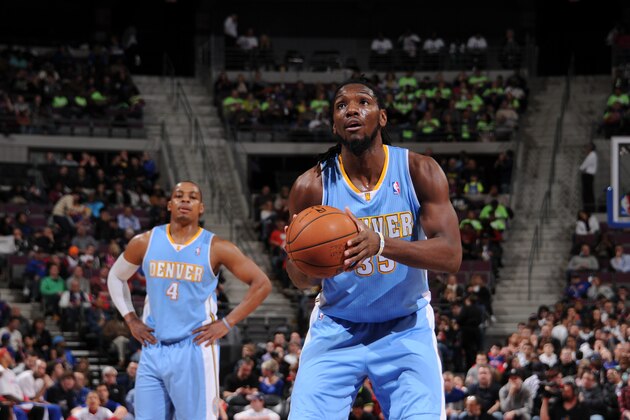 AUBURN HILLS, MI - FEBRUARY 8: Kenneth Faried #35 of the Denver Nuggets shoots a foul shot against the Detroit Pistons during the game on February 8, 2014 at The Palace of Auburn Hills in Auburn Hills, Michigan. NOTE TO USER: User expressly acknowledges and agrees that, by downloading and/or using this photograph, User is consenting to the terms and conditions of the Getty Images License Agreement. Mandatory Copyright Notice: Copyright 2014 NBAE (Photo by D. Williams/Einstein/NBAE via Getty Images) AUBURN HILLS, MI - FEBRUARY 8: Kenneth Faried #35 of the Denver Nuggets shoots a foul shot against the Detroit Pistons during the game on February 8, 2014 at The Palace of Auburn Hills in Auburn Hills, Michigan. NOTE TO USER: User expressly acknowledges and agrees that, by downloading and/or using this photograph, User is consenting to the terms and conditions of the Getty Images License Agreement. Mandatory Copyright Notice: Copyright 2014 NBAE (Photo by D. Williams/Einstein/NBAE via Getty Images)
