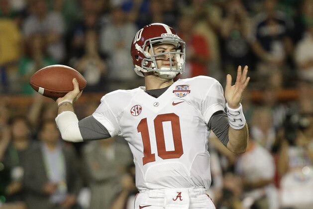 Alabama quarterback AJ McCarron (10) works against Notre Dame during the first half of the BCS National Championship college football game Monday, Jan. 7, 2013, in Miami. (AP Photo/David J. Phillip)