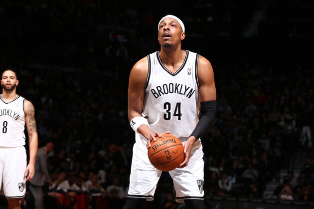 NEW YORK, NY - FEBRUARY 9: Paul Pierce #34 of the Brooklyn Nets takes a foul shot during a game against the New Orleans Pelicans at the Barclays Center on February 9, 2014 in the Brooklyn borough of New York City.  NOTE TO USER: User expressly acknowledges and agrees that, by downloading and/or using this Photograph, user is consenting to the terms and conditions of the Getty Images License Agreement. Mandatory Copyright Notice: Copyright 2014 NBAE (Photo by Nathaniel S. Butler/NBAE via Getty Images)