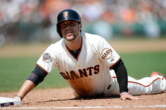 SAN FRANCISCO, CA - AUGUST 08:  Gregor Blanco #7 of the San Francisco Giants reacts after he was doubled off of first base on a failed sacrifice bunt attempt from Tim Lincecum #55 in the six inning against the Milwaukee Brewers at AT&T Park on August 8, 2013 in San Francisco, California.  (Photo by Thearon W. Henderson/Getty Images)