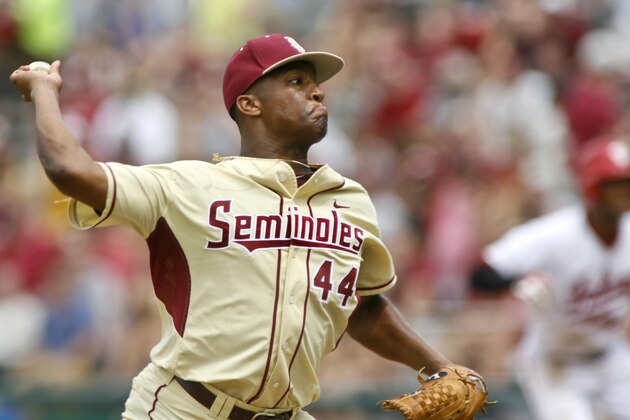 Florida State pitcher Jameis Winston (44) throws in the seventh inning of an NCAA college baseball tournament super regional game against Indiana on Sunday, June 9, 2013, in Tallahassee, Fla. Indiana won 11-6, and advances to the College World Series. (AP Photo/Phil Sears)