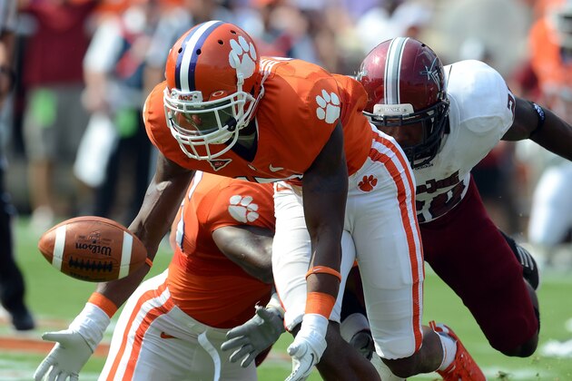 Clemson's Bashaud Breeland attempts to recover a fumble by Troy during the first half of an NCAA college football game against on Saturday, Sept. 3, 2011, at Memorial Stadium in Clemson, S.C. (AP Photo/ Richard Shiro)