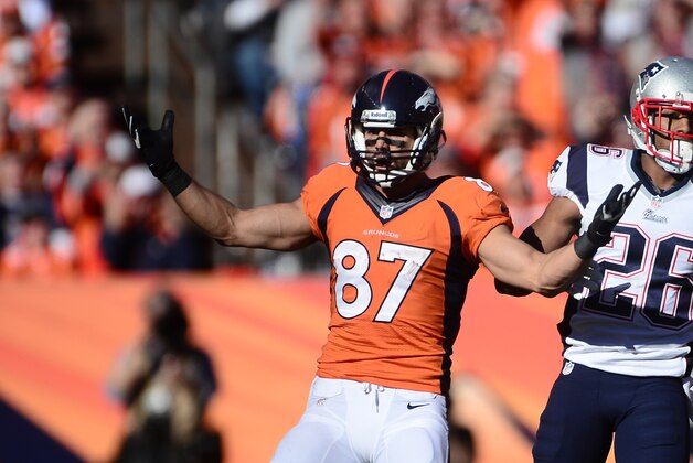 January 19, 2014; Denver, CO, USA; Denver Broncos wide receiver Eric Decker (87) reacts during the first half against the New England Patriots in the 2013 AFC Championship football game at Sports Authority Field at Mile High. Mandatory Credit: Ron Chenoy-USA TODAY Sports