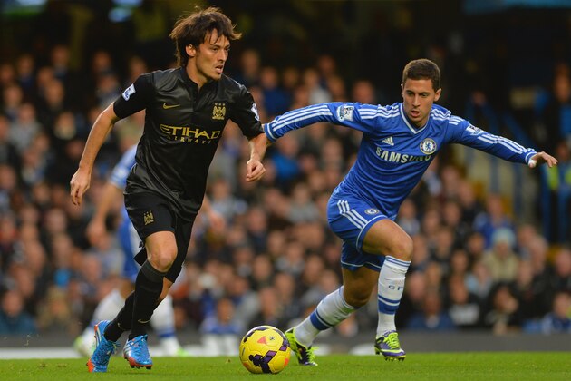 LONDON, ENGLAND - OCTOBER 27:  David Silva of Manchester City is marshalled by Eden Hazard of Chelsea during the Barclays Premier League match between Chelsea and Manchester City at Stamford Bridge on October 27, 2013 in London, England.  (Photo by Shaun Botterill/Getty Images)