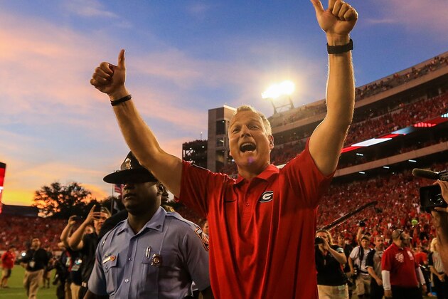 Sep 28, 2013; Athens, GA, USA; Georgia Bulldogs head coach Mark Richt celebrates beating the LSU Tigers at Sanford Stadium. Georgia won 44-41. Mandatory Credit: Daniel Shirey-USA TODAY Sports