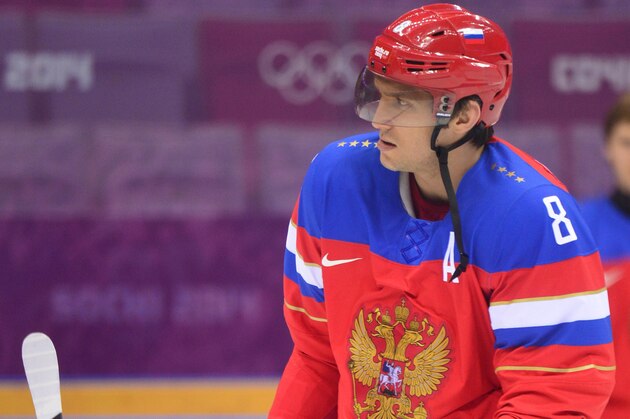 Feb 10, 2014; Sochi, RUSSIA; Russia forward Alex Ovechkin (8) during a training session in advance of the Sochi 2014 Olympic Winter Games at Bolshoy Arena. Mandatory Credit: Scott Rovak-USA TODAY Sports