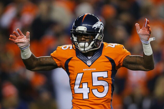 DENVER, CO - NOVEMBER 17:   Dominique Rodgers-Cromartie #45 of the Denver Broncos celebrates in the first quarter against the Kansas City Chiefs at Sports Authority Field at Mile High on November 17, 2013 in Denver, Colorado.  (Photo by Justin Edmonds/Getty Images)