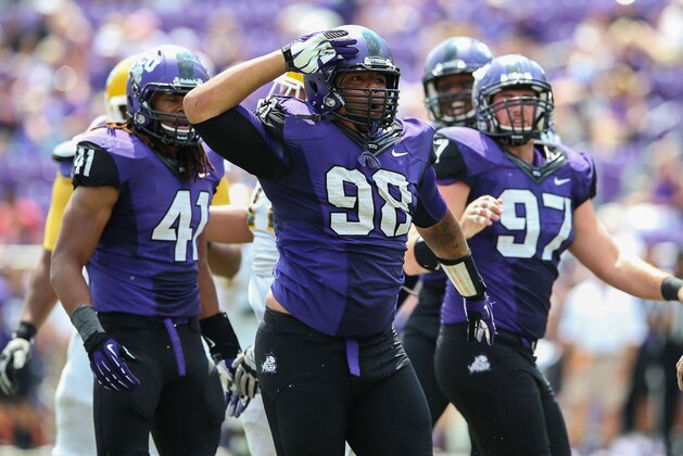 Sep 7, 2013; Fort Worth, TX, USA; TCU Horned Frogs defensive tackle Jon Lewis (98) celebrates after recording a sack during the game against the Southeastern Louisiana Lions at Amon G. Carter Stadium. Mandatory Credit: Kevin Jairaj-USA TODAY Sports