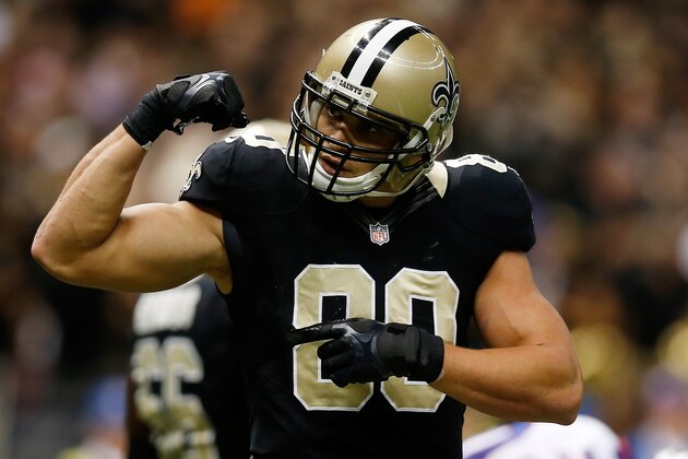 NEW ORLEANS, LA - OCTOBER 27: Jimmy Graham #80 of the New Orleans Saints reacts after scoring a touchdown against the Buffalo Bills at Mercedes-Benz Superdome on October 27, 2013 in New Orleans, Louisiana. (Photo by Chris Graythen/Getty Images) NEW ORLEANS, LA - OCTOBER 27: Jimmy Graham #80 of the New Orleans Saints reacts after scoring a touchdown against the Buffalo Bills at Mercedes-Benz Superdome on October 27, 2013 in New Orleans, Louisiana. (Photo by Chris Graythen/Getty Images)