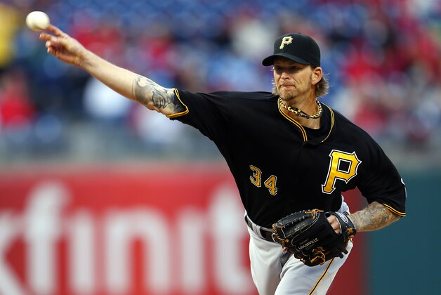 PHILADELPHIA, PA - APRIL 22:  A.J. Burnett #34 of the Pittsburgh Pirates delivers a pitch against the Philadelphia Phillies in a MLB baseball game on April 22, 2013 at Citizens Bank Park in Philadelphia, Pennsylvania. (Photo by Rich Schultz/Getty Images)