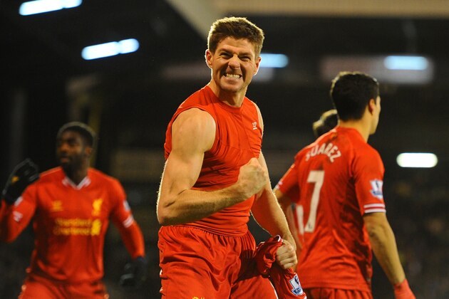 LONDON, ENGLAND - FEBRUARY 12:  Steven Gerrard of Liverpool celebrates scoring their third goal from the penalty spot during the Barclays Premier League match between Fulham and Liverpool at Craven Cottage on February 12, 2014 in London, England.  (Photo by Mike Hewitt/Getty Images)