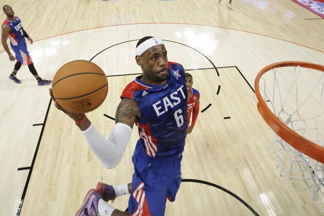 East Team's LeBron James of the Miami Heat goes up for a basket during the first half of the NBA All-Star basketball game Sunday, Feb. 17, 2013, in Houston. (AP Photo/Eric Gay)