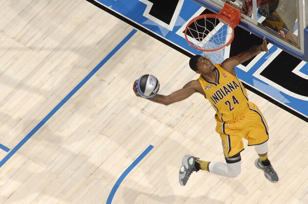 ORLANDO, FL - FEBRUARY 25: Paul George dunks during the Sprite Slam Dunk Contest as part of 2012 All-Star Weekend at the Amway Center on February 25, 2012 in Orlando, Florida. NOTE TO USER: User expressly acknowledges and agrees that, by downloading and/or using this photograph, user is consenting to the terms and conditions of the Getty Images License Agreement.  Mandatory Copyright Notice: Copyright 2012 NBAE (Photo by Fernando Medina/NBAE via Getty Images) Paul George