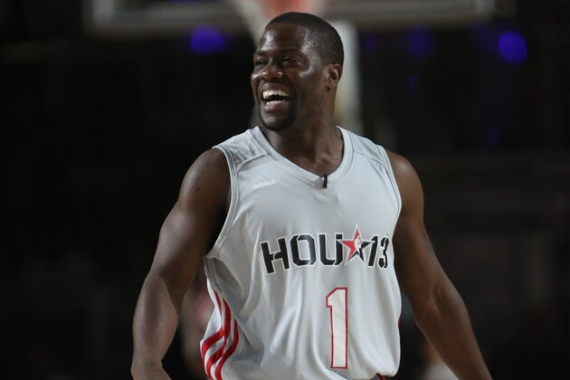HOUSTON, TX - FEBRUARY 15: Comedian Kevin Hart of the West team reacts to a play against the East team during the Sprint NBA All-Star Celebrity Game in Sprint Arena at Jam Session during the NBA All-Star Weekend on February 15, 2013 at the George R. Brown Convention Center in Houston, Texas. NOTE TO USER: User expressly acknowledges and agrees that, by downloading and or using this photograph, User is consenting to the terms and conditions of the Getty Images License Agreement. Mandatory Copyright Notice: Copyright 2013 NBAE (Photo by Joe Murphy/NBAE via Getty Images)