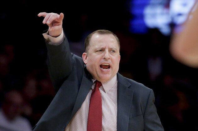 Chicago Bulls' Tom Thibodeau yells during the first half of an NBA basketball game against the Los Angeles Lakers in Los Angeles, Sunday, Feb. 9, 2014. (AP Photo/Chris Carlson)