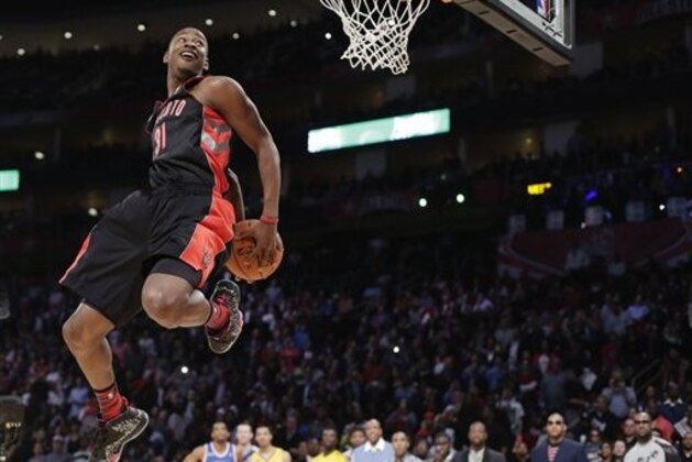 Terrence Ross of the Toronto Raptors goes up during the dunk contest at NBA basketball All-Star Saturday Night, Feb. 16, 2013, in Houston. (AP Photo/Eric Gay)