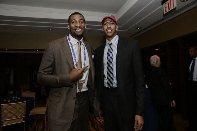 NEW YORK, NY - MAY 21: Andre Drummond of the Detroit Pistons and Anthony Davis of the New Orleans Pelicans poses for a photo during a reception for the 2013 NBA Draft Lottery on May 21, 2013 at the Millennium Hotel in New York City. NOTE TO USER: User expressly acknowledges and agrees that, by downloading and/or using this photograph, user is consenting to the terms and conditions of the Getty Images License Agreement.  Mandatory Copyright Notice: Copyright 2013 NBAE (Photo by Steven Freeman/NBAE via Getty Images)