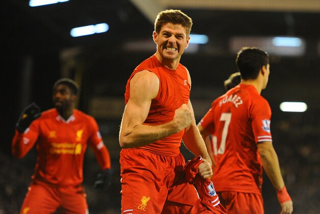 LONDON, ENGLAND - FEBRUARY 12:  Steven Gerrard of Liverpool celebrates scoring their third goal from the penalty spot during the Barclays Premier League match between Fulham and Liverpool at Craven Cottage on February 12, 2014 in London, England.  (Photo by Mike Hewitt/Getty Images)