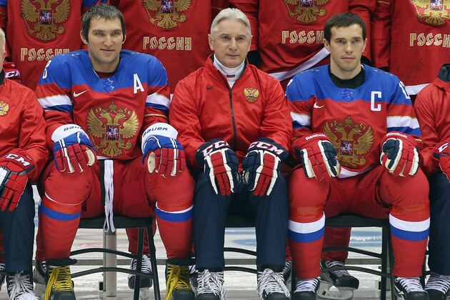SOCHI, RUSSIA - FEBRUARY 10: (L-R) Alex Ovechkin #8, Head coach Zinetula Bilyaletdinov, and Pavel Datsyuk #13 of the Russian Federation pose during a team photo session on day three of the Sochi 2014 Winter Olympics at Bolshoy Arena on February 10, 2014 in Sochi, Russia.  (Photo by Bruce Bennett/Getty Images)