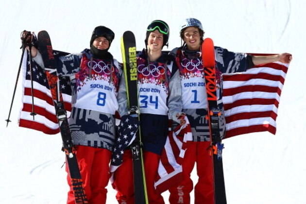 SOCHI, RUSSIA - FEBRUARY 13:  (L-R) Silver medalist Gus Kenworthy of the United States, gold medalist Joss Christensen of the United States and bronze medalist Nicholas Goepper of the United States pose after the Freestyle Skiing Men's Ski Slopestyle Finals during day six of the Sochi 2014 Winter Olympics at Rosa Khutor Extreme Park on February 13, 2014 in Sochi, Russia.  (Photo by Al Bello/Getty Images)