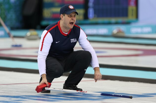 Feb 11, 2014; Sochi, RUSSIA; John Shuster (USA) shouts in the men's round robin session during the Sochi 2014 Olympic Winter Games at Ice Cube Curling Center. Mandatory Credit: Winslow Townson-USA TODAY Sports