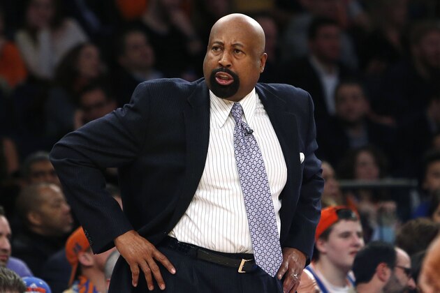 New York Knicks coach Mike Woodson reacts during the first half of an NBA basketball game against the Miami Heat on Saturday, Feb. 1, 2014, in New York. Miami won 106-91. (AP Photo/Jason DeCrow)