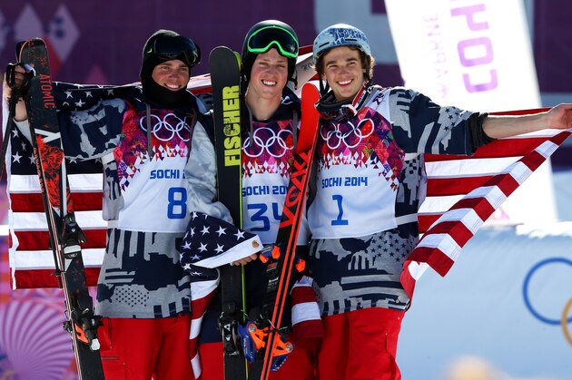 SOCHI, RUSSIA - FEBRUARY 13: (L-R) Silver medalist Gus Kenworthy of the United States, gold medalist Joss Christensen of the United States and bronze medalist Nicholas Goepper of the United States pose after the Freestyle Skiing Men's Ski Slopestyle Finals during day six of the Sochi 2014 Winter Olympics at Rosa Khutor Extreme Park on February 13, 2014 in Sochi, Russia.  (Photo by Mike Ehrmann/Getty Images)