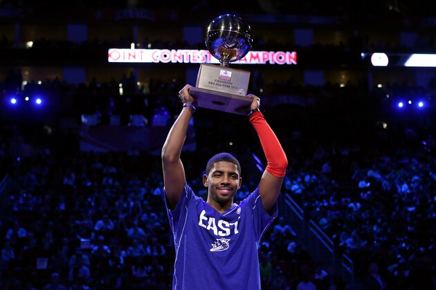 HOUSTON, TX - FEBRUARY 16: Kyrie Irving of the Cleveland Cavaliers celebrates after winning the Foot Locker Three-Point Contest part of 2013 NBA All-Star Weekend at the Toyota Center on February 16, 2013 in Houston, Texas. NOTE TO USER: User expressly acknowledges and agrees that, by downloading and or using this photograph, User is consenting to the terms and conditions of the Getty Images License Agreement. (Photo by Ronald Martinez/Getty Images) HOUSTON, TX - FEBRUARY 16: Kyrie Irving of the Cleveland Cavaliers celebrates after winning the Foot Locker Three-Point Contest part of 2013 NBA All-Star Weekend at the Toyota Center on February 16, 2013 in Houston, Texas. NOTE TO USER: User expressly acknowledges and agrees that, by downloading and or using this photograph, User is consenting to the terms and conditions of the Getty Images License Agreement. (Photo by Ronald Martinez/Getty Images)