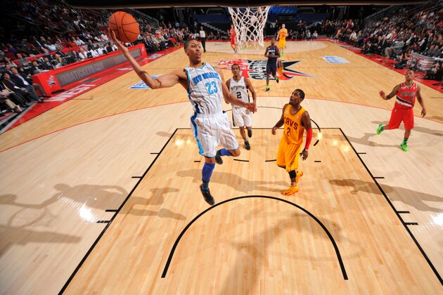 HOUSTON, TX - FEBRUARY 15: Anthony Davis #23 of Team Chuck goes to the basket against Kyrie Irving #2 of Team Shaq during the 2013 BBVA Rising Stars Challenge at Toyota Center on February 15, 2013 in Houston, Texas. NOTE TO USER: User expressly acknowledges and agrees that, by downloading and/or using this photograph, user is consenting to the terms and conditions of the Getty Images License Agreement.  Mandatory Copyright Notice: Copyright 2013 NBAE (Photo by Jesse D. Garrabrant/NBAE via Getty Images)