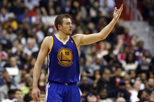 Golden State Warriors forward David Lee (10) gestures in the second half of an NBA basketball game against the Washington Wizards, Sunday, Jan. 5, 2014, in Washington. The Warriors won 112-96, for their ninth win in a row. (AP Photo/Alex Brandon)