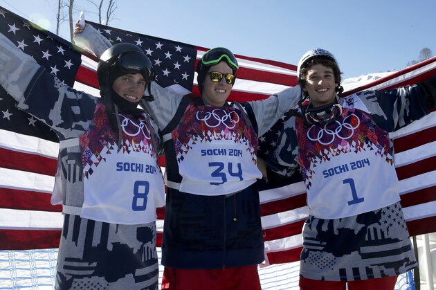 Men's ski slopestyle medalists from the United States Gus Kenworthy, left, silver, Joss Christensen, center, gold, and Nicholas Goepper, bronze, right, pose for photographers at the Rosa Khutor Extreme Park, at the 2014 Winter Olympics, Thursday, Feb. 13, 2014, in Krasnaya Polyana, Russia.(AP Photo/Gero Breloer) Men's ski slopestyle medalists from the United States Gus Kenworthy, left, silver, Joss Christensen, center, gold, and Nicholas Goepper, bronze, right, pose for photographers at the Rosa Khutor Extreme Park, at the 2014 Winter Olympics, Thursday, Feb. 13, 2014, in Krasnaya Polyana, Russia.(AP Photo/Gero Breloer)