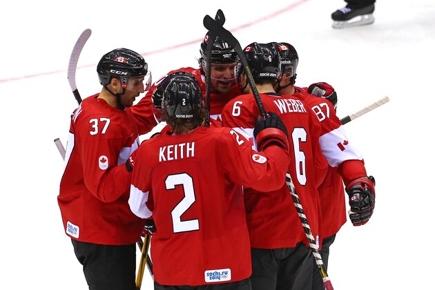 SOCHI, RUSSIA - FEBRUARY 13:  Shea Weber #6 of Canada celebrates with his teammates after scoring a goal in the second period against Lars Haugen #30 of Norway during the Men's Ice Hockey Preliminary Round Group B game on day six of the Sochi 2014 Winter Olympics at Bolshoy Ice Dome on February 13, 2014 in Sochi, Russia.  (Photo by Streeter Lecka/Getty Images)