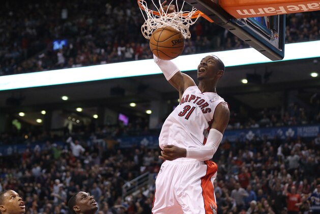 Jan 25, 2014; Toronto, Ontario, CAN; Toronto Raptors guard Terrence Ross (31) dunks against the Los Angeles Clippers at Air Canada Centre. The Clippers beat the Raptors 126-118. Mandatory Credit: Tom Szczerbowski-USA TODAY Sports