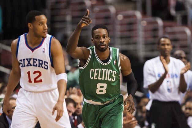 Feb 5, 2014; Philadelphia, PA, USA; Boston Celtics forward Jeff Green (8) celebrates scoring during the first quarter against the Philadelphia 76ers at the Wells Fargo Center. Mandatory Credit: Howard Smith-USA TODAY Sports
